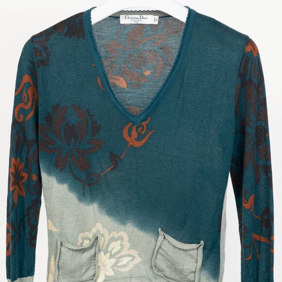 Christian Dior Teal Wool, Silk, & Cashmere-Blend Floral Cropped Sweater - Picture 3 of 10